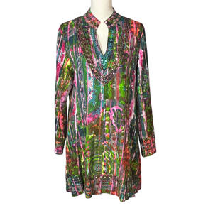 Soft Surroundings Mosaic Tunic Size Large Green Boho Artsy Embroidery Tie Dye